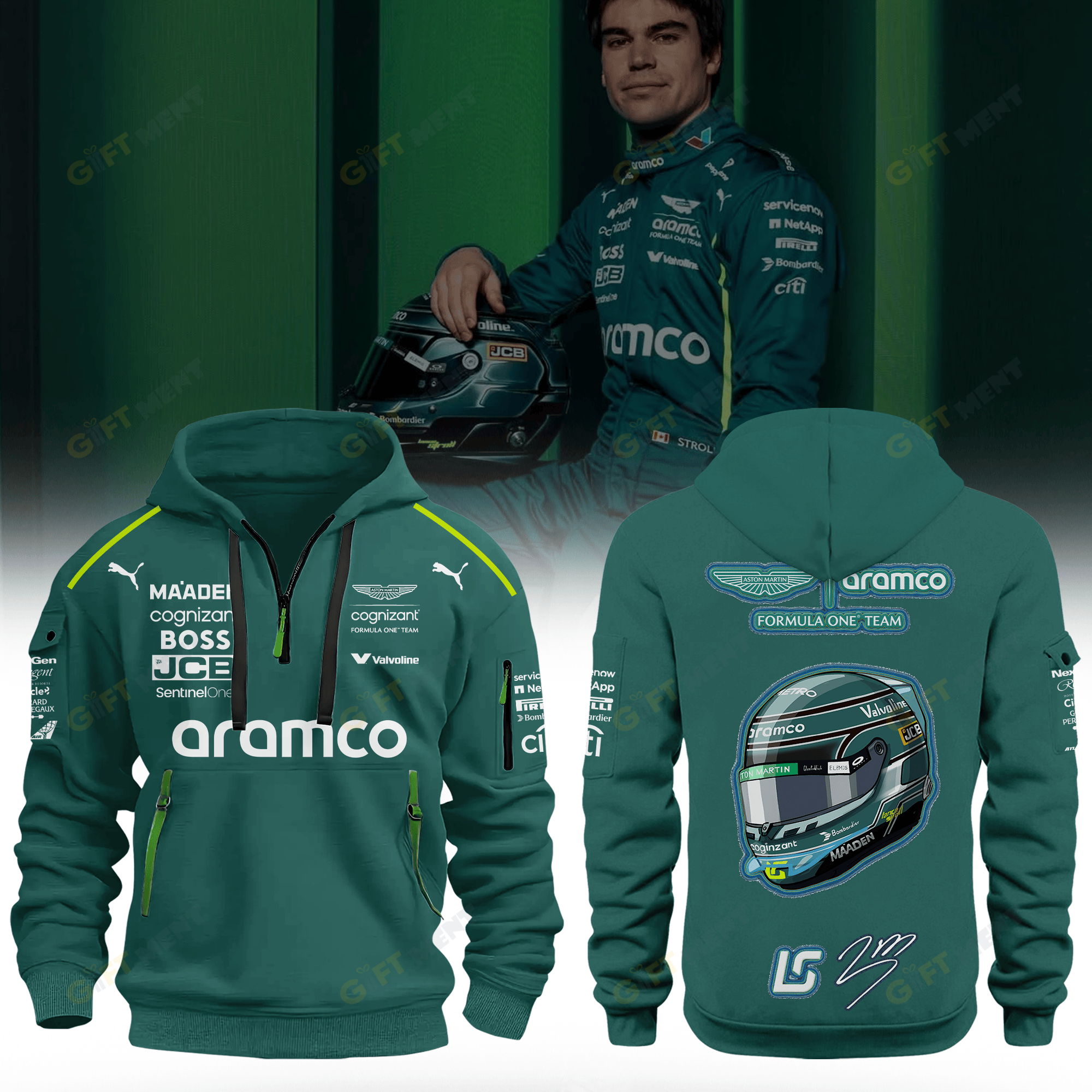 Lance Stroll Aston Martin Aramco Half Zip Premium Hoodie