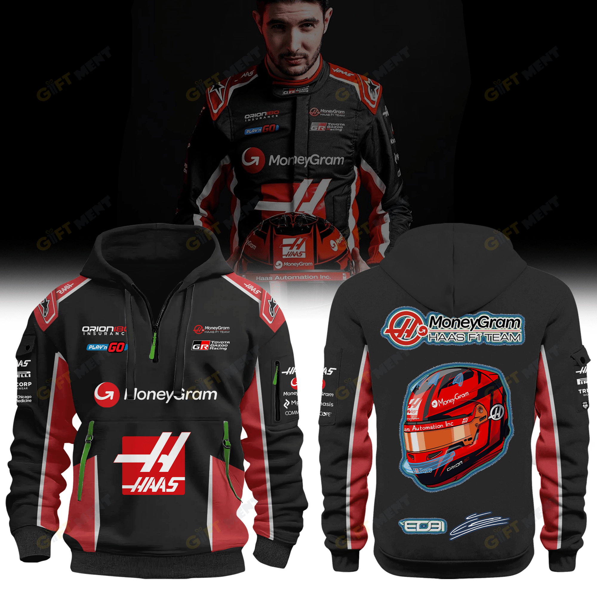 HAAS F1 Team Esteban Ocon Half Zip Premium Hoodie