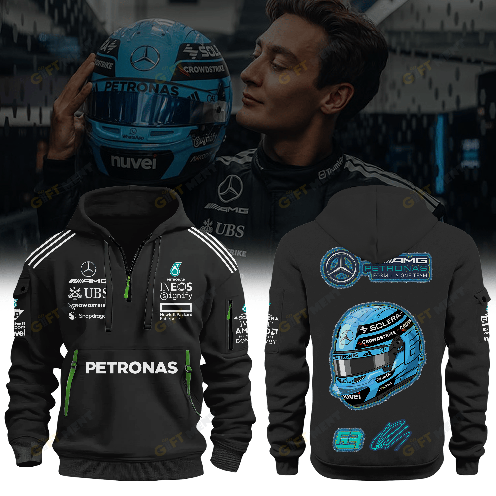 Mercedes AMG Petronas George Russell Half Zip Premium Hoodie