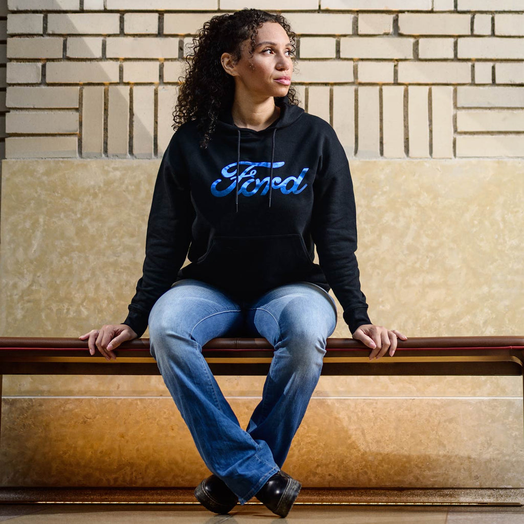 Ford Script Womens Blue Foil Graphic Oversized Hoodie