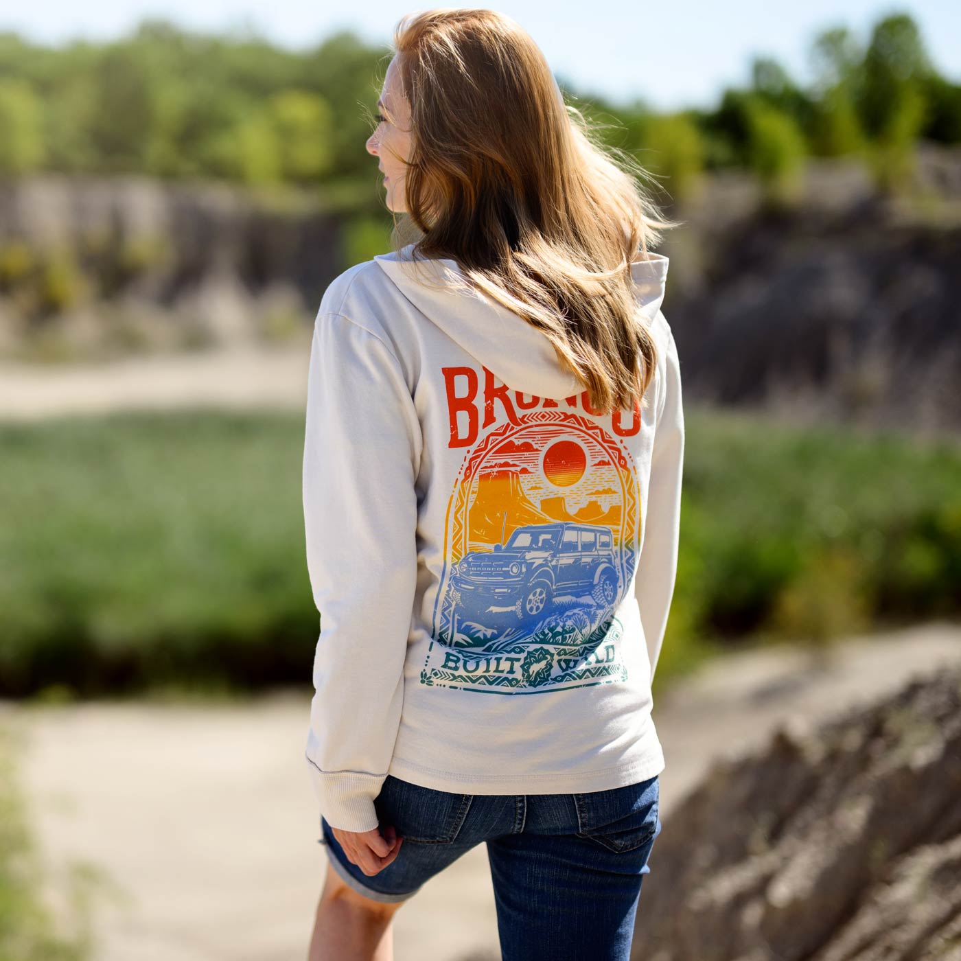 Ford Bronco Womens Ombre Built Wild Graphic Vintage Wash Hoodie